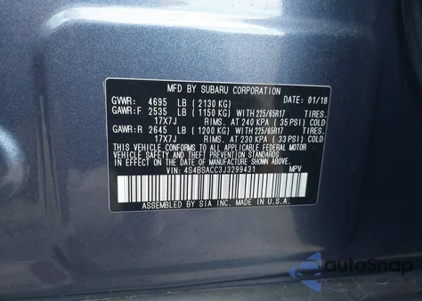 2018 Subaru Outback 2.5I Premium from USA, damaged, VIN 4S4BSACC3J3299431